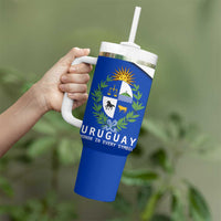 Uruguay Tumbler With Handle with National Emblem and Sun Symbol Blue White Wave - Wonder Print Shop