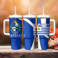 Uruguay Tumbler With Handle with National Emblem and Sun Symbol Blue White Wave - Wonder Print Shop