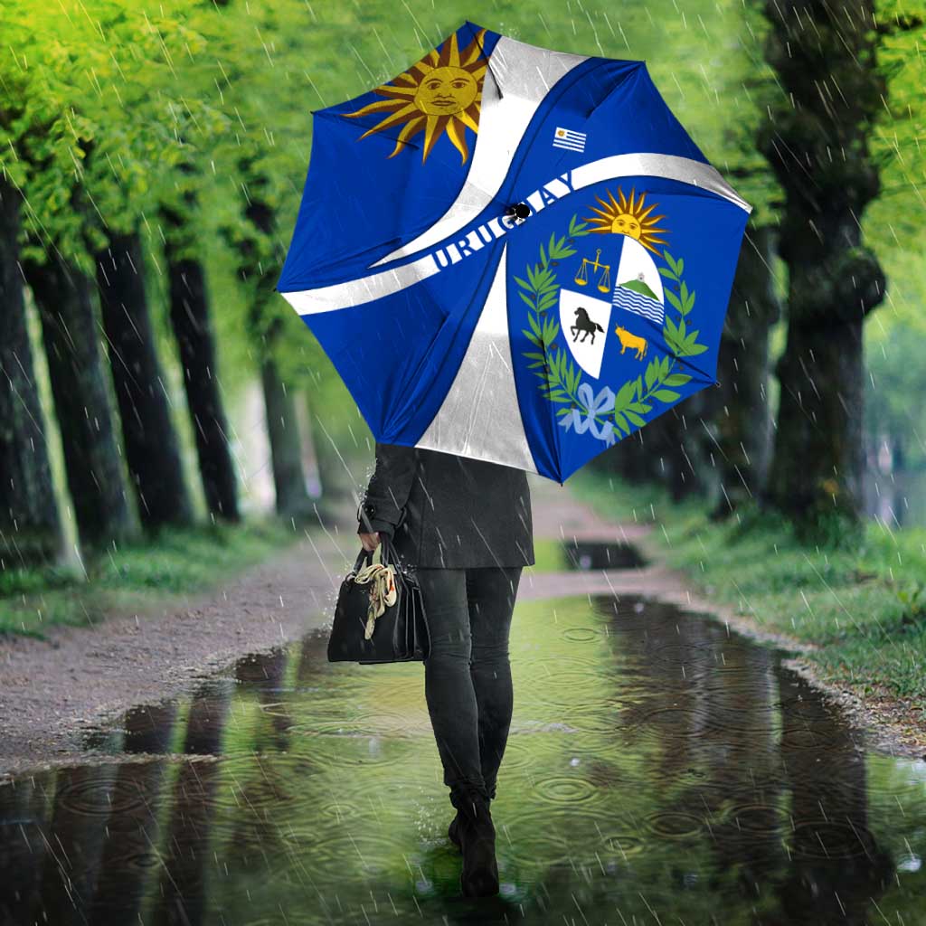 Uruguay Umbrella with National Emblem and Sun Symbol Blue White Wave - Wonder Print Shop