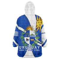 Uruguay Wearable Blanket Hoodie with National Emblem and Sun Symbol Blue White Wave - Wonder Print Shop