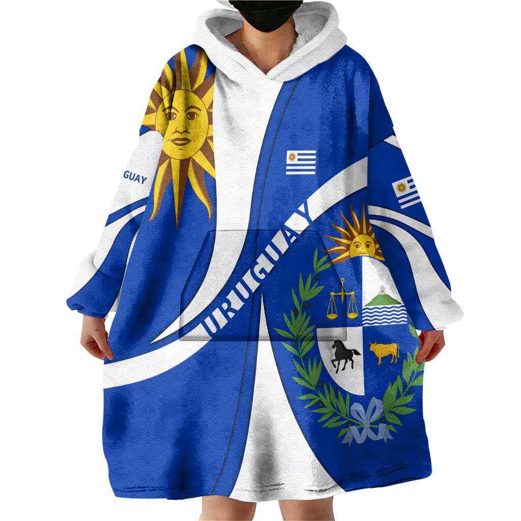 Uruguay Wearable Blanket Hoodie with National Emblem and Sun Symbol Blue White Wave - Wonder Print Shop