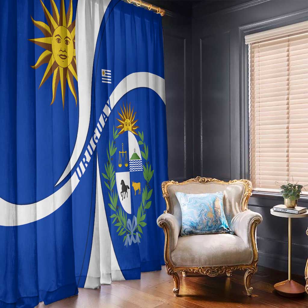 Uruguay Window Curtain with National Emblem and Sun Symbol Blue White Wave - Wonder Print Shop