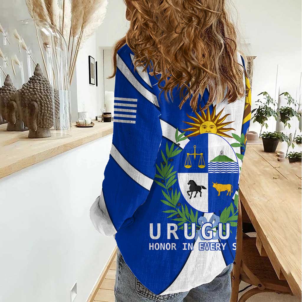 Uruguay Women Casual Shirt with National Emblem and Sun Symbol Blue White Wave - Wonder Print Shop