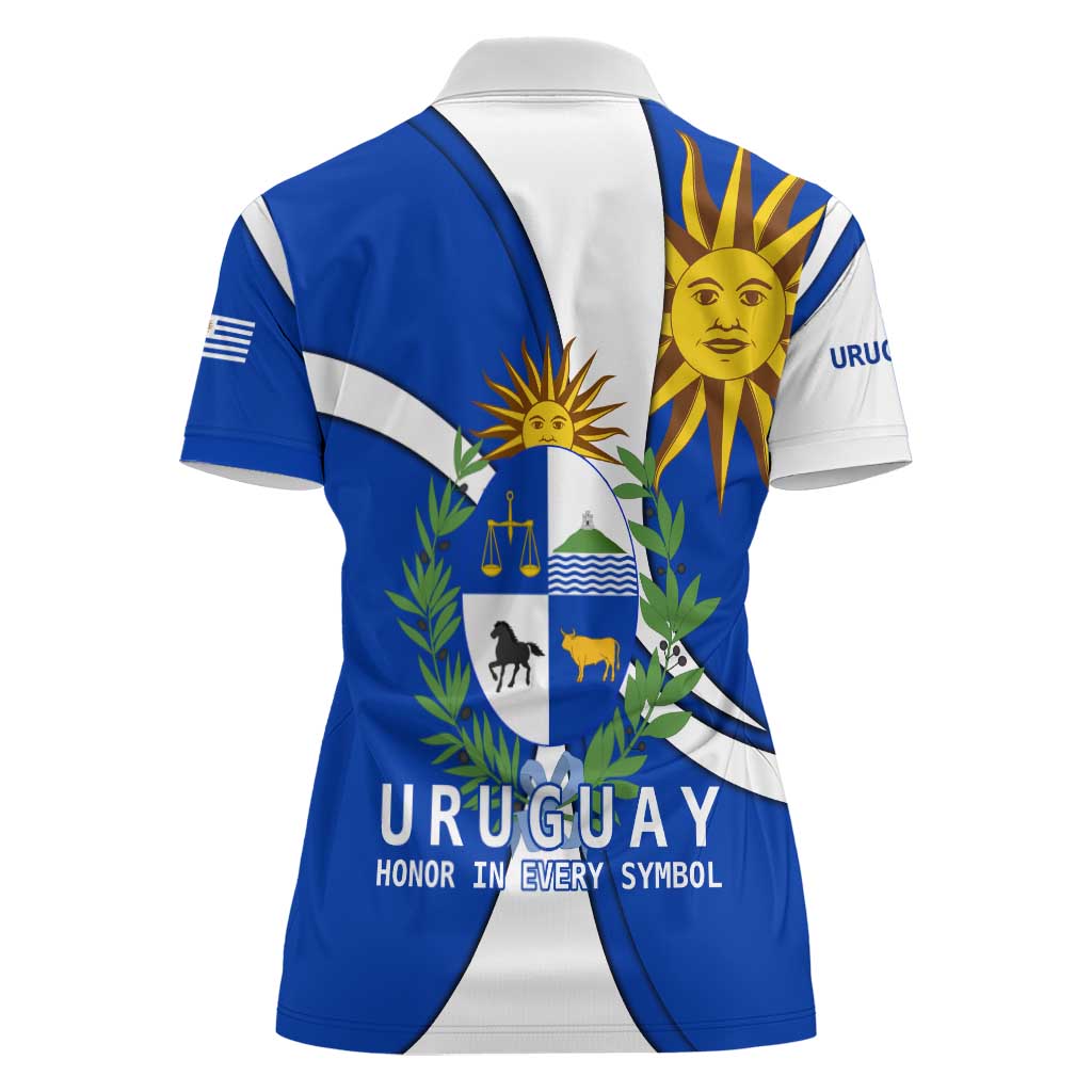 Uruguay Women Polo Shirt with National Emblem and Sun Symbol Blue White Wave - Wonder Print Shop