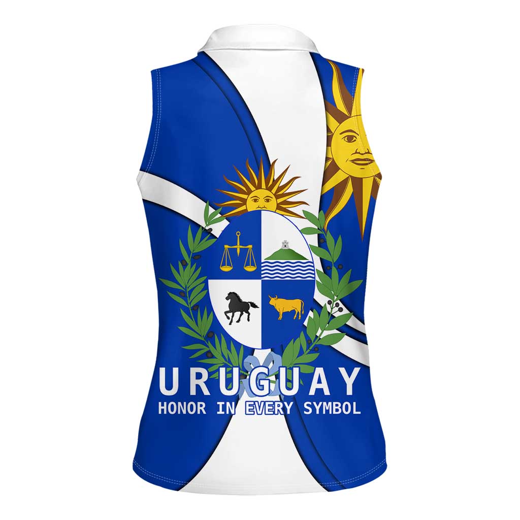 Uruguay Women Sleeveless Polo Shirt with National Emblem and Sun Symbol Blue White Wave - Wonder Print Shop