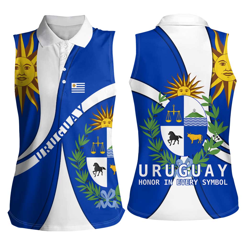Uruguay Women Sleeveless Polo Shirt with National Emblem and Sun Symbol Blue White Wave - Wonder Print Shop