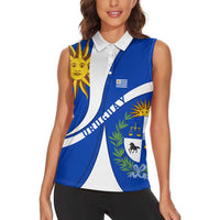 Uruguay Women Sleeveless Polo Shirt with National Emblem and Sun Symbol Blue White Wave - Wonder Print Shop