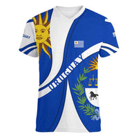 Uruguay Women V-Neck T-Shirt with National Emblem and Sun Symbol Blue White Wave - Wonder Print Shop
