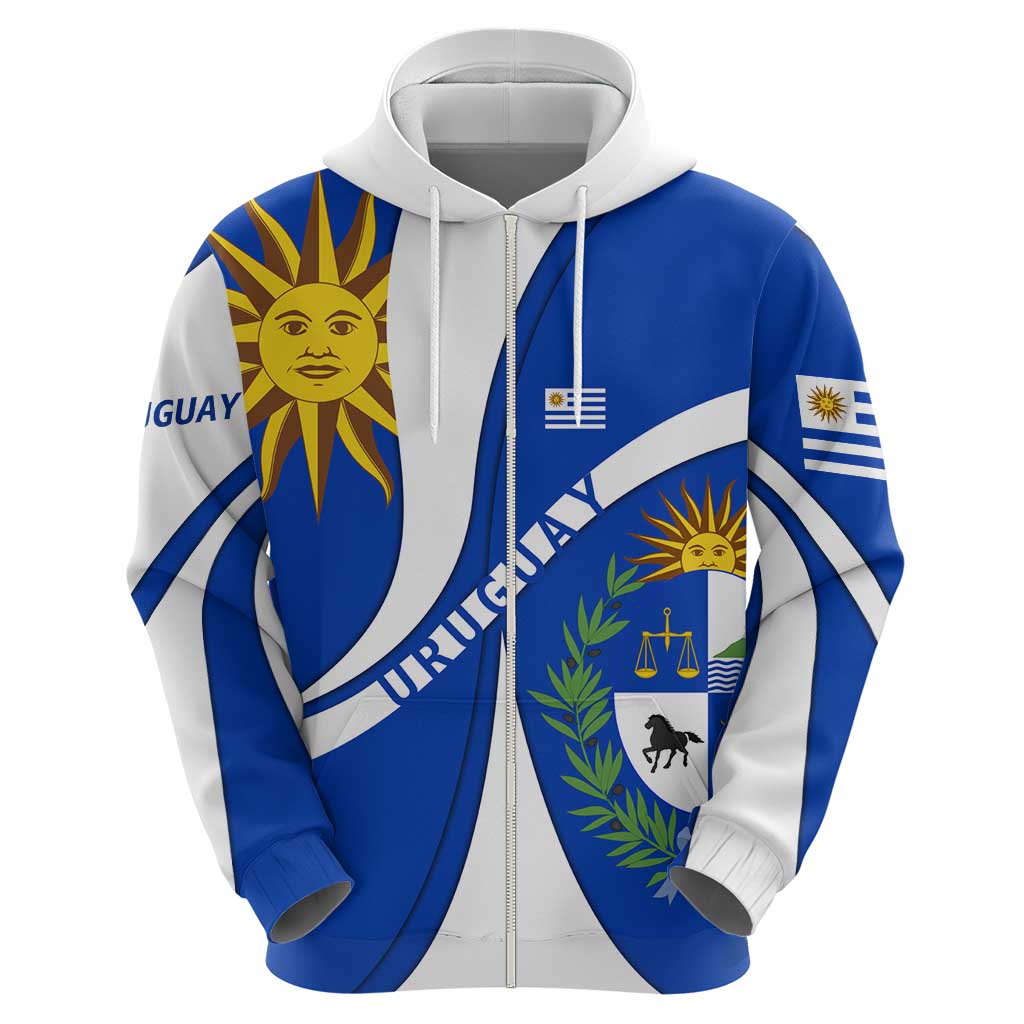 Uruguay Zip Hoodie with National Emblem and Sun Symbol Blue White Wave - Wonder Print Shop