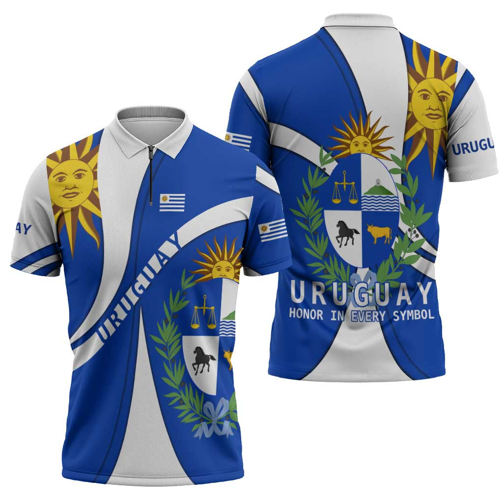 Uruguay Zipper Polo Shirt with National Emblem and Sun Symbol Blue White Wave - Wonder Print Shop