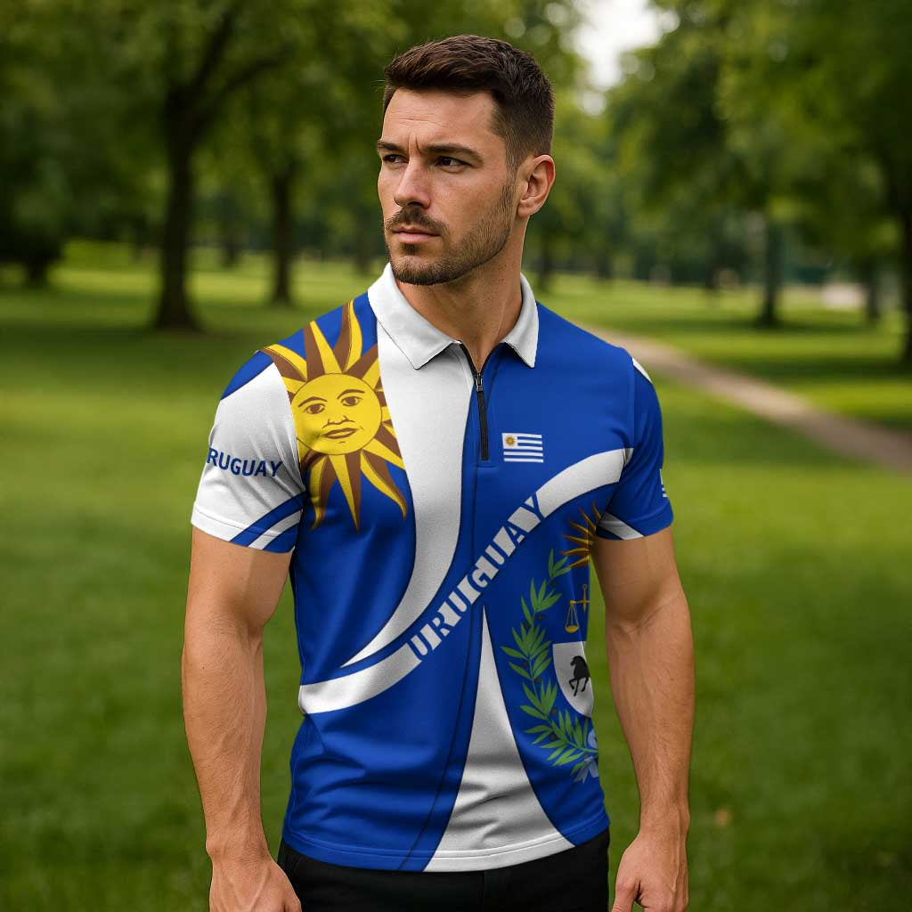 Uruguay Zipper Polo Shirt with National Emblem and Sun Symbol Blue White Wave - Wonder Print Shop