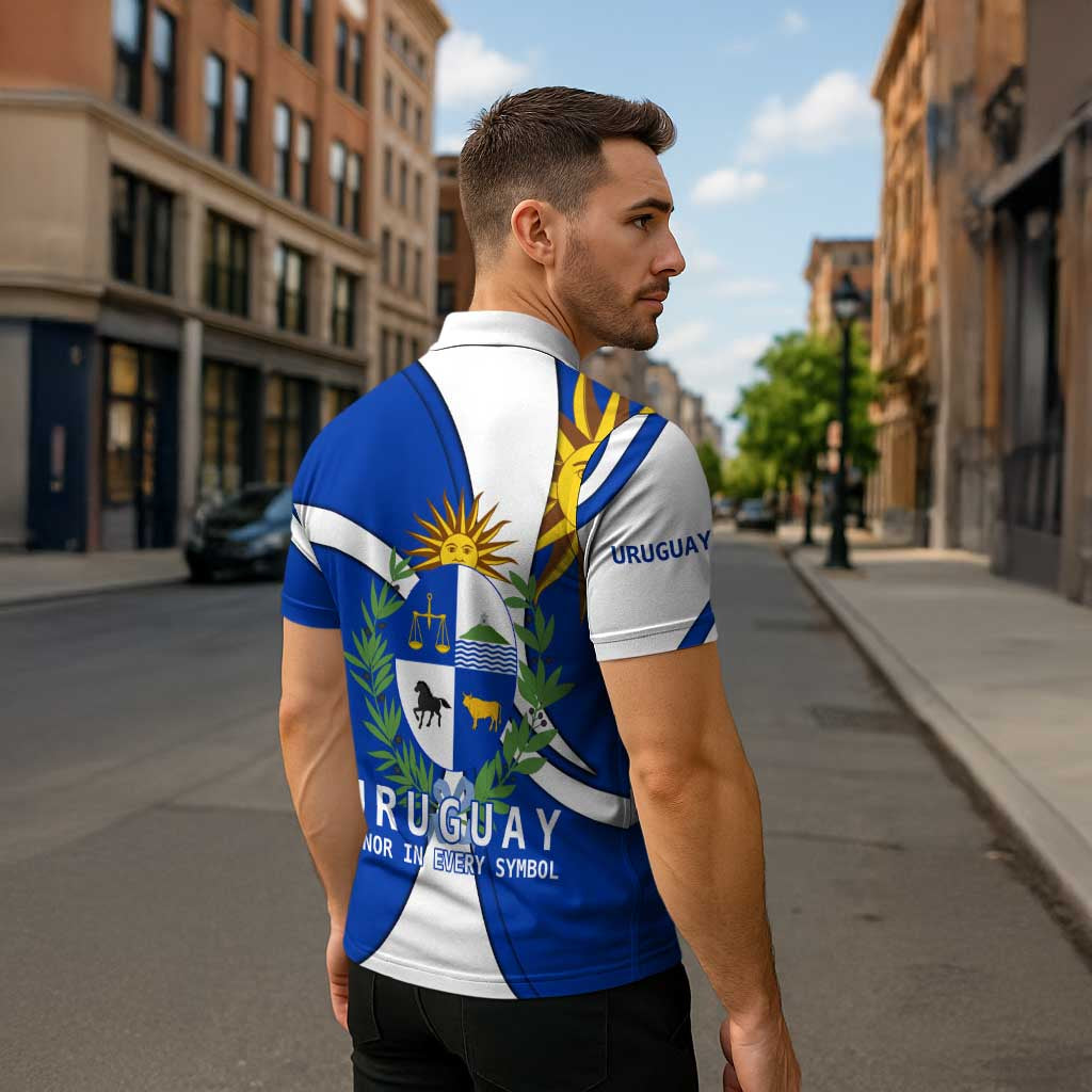 Uruguay Zipper Polo Shirt with National Emblem and Sun Symbol Blue White Wave - Wonder Print Shop