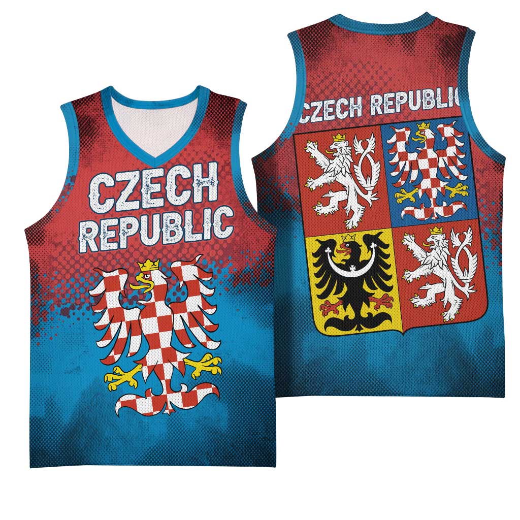 Czech Republic Basketball Jersey with Blue Red Gradient Design and National Coat of Arms - Wonder Print Shop