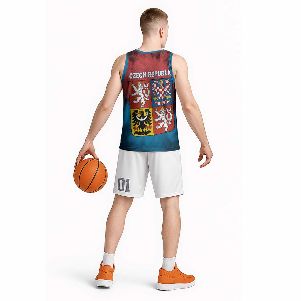 Czech Republic Basketball Jersey with Blue Red Gradient Design and National Coat of Arms - Wonder Print Shop