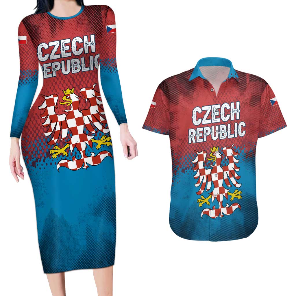 Czech Republic Couples Matching Long Sleeve Bodycon Dress and Hawaiian Shirt with Blue Red Gradient Design and National Coat of Arms - Wonder Print Shop