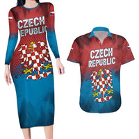 Czech Republic Couples Matching Long Sleeve Bodycon Dress and Hawaiian Shirt with Blue Red Gradient Design and National Coat of Arms - Wonder Print Shop