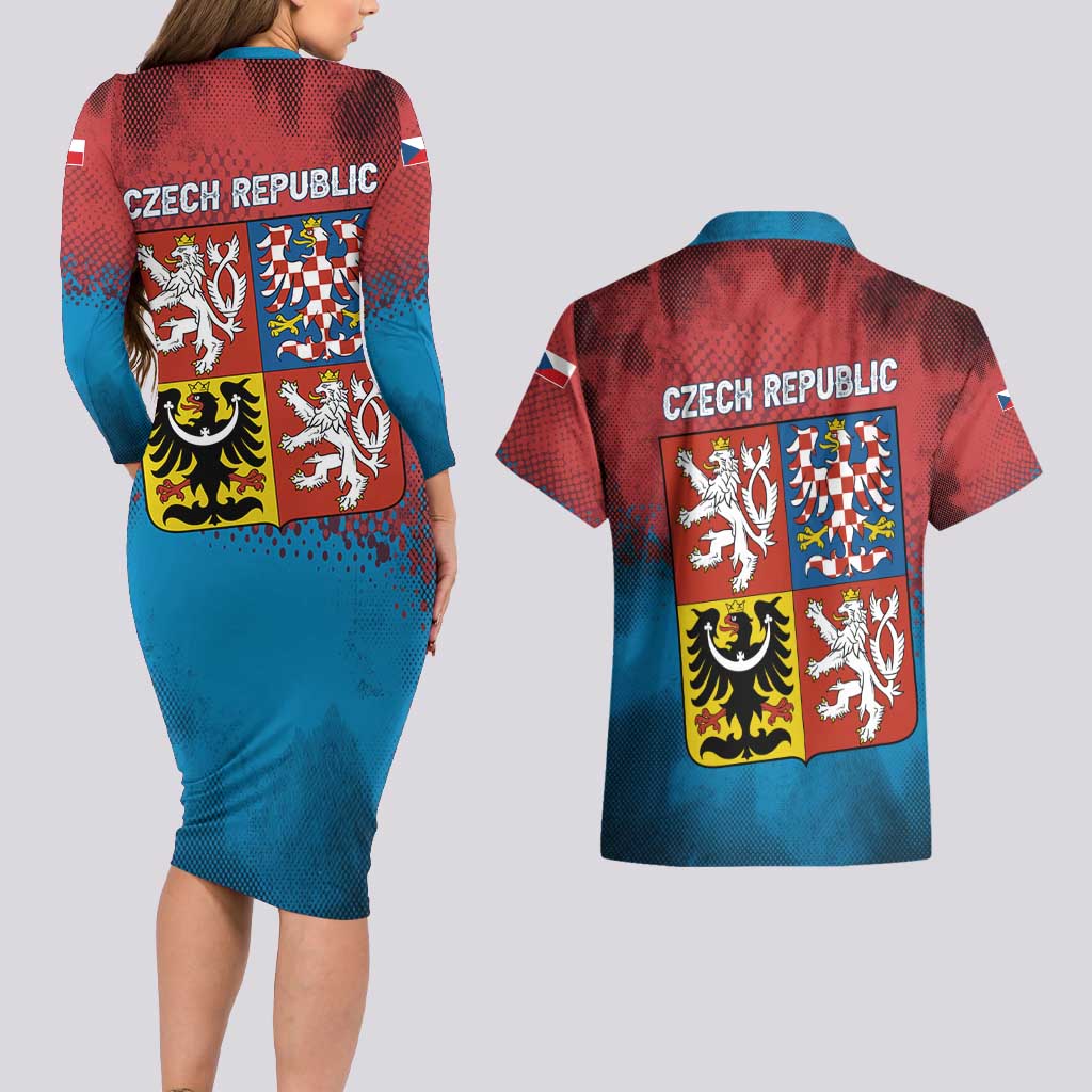 Czech Republic Couples Matching Long Sleeve Bodycon Dress and Hawaiian Shirt with Blue Red Gradient Design and National Coat of Arms - Wonder Print Shop