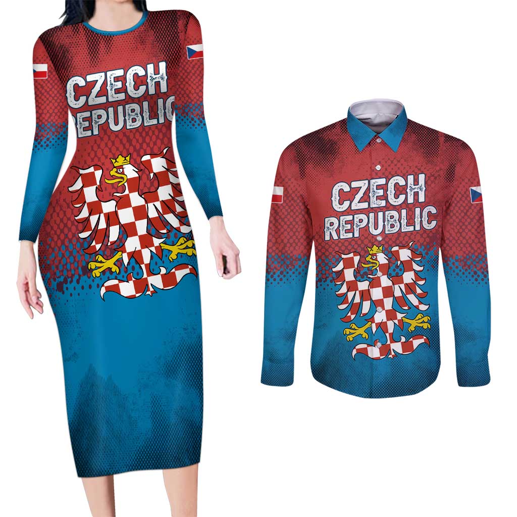 Czech Republic Couples Matching Long Sleeve Bodycon Dress and Long Sleeve Button Shirt with Blue Red Gradient Design and National Coat of Arms - Wonder Print Shop
