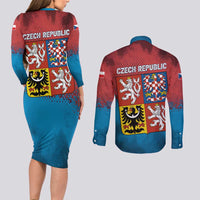 Czech Republic Couples Matching Long Sleeve Bodycon Dress and Long Sleeve Button Shirt with Blue Red Gradient Design and National Coat of Arms - Wonder Print Shop