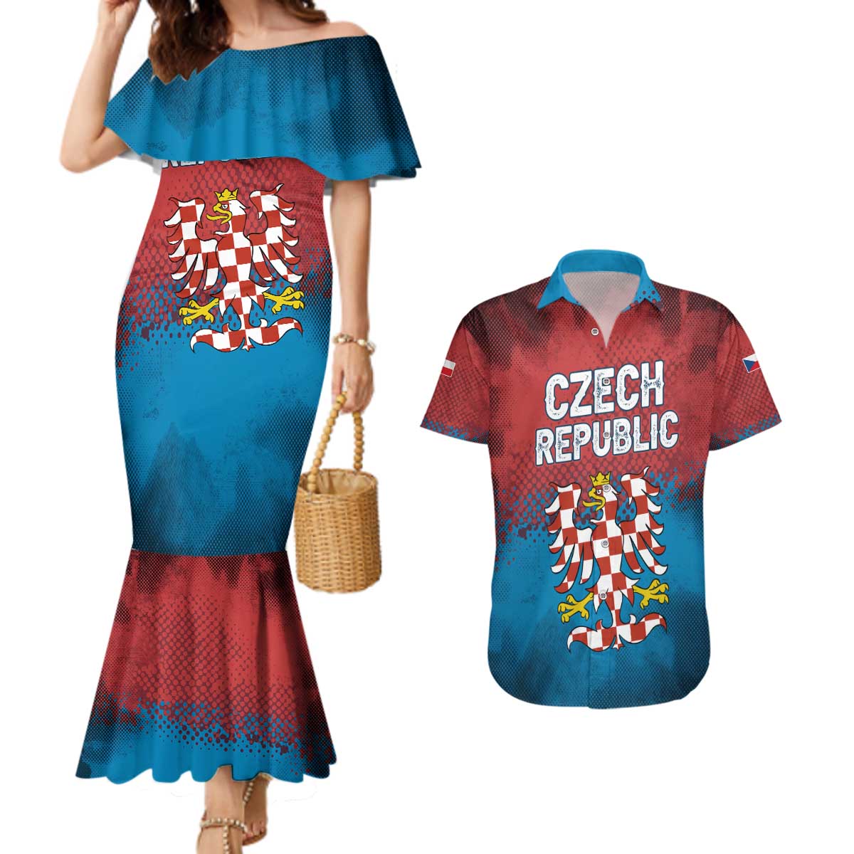 Czech Republic Couples Matching Mermaid Dress and Hawaiian Shirt with Blue Red Gradient Design and National Coat of Arms - Wonder Print Shop