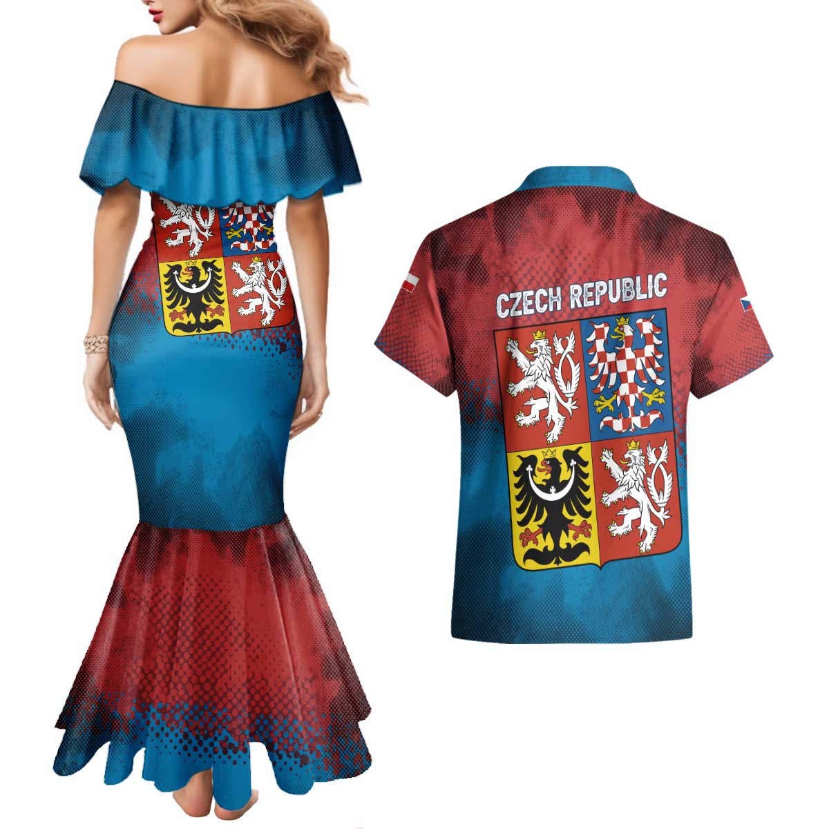 Czech Republic Couples Matching Mermaid Dress and Hawaiian Shirt with Blue Red Gradient Design and National Coat of Arms - Wonder Print Shop