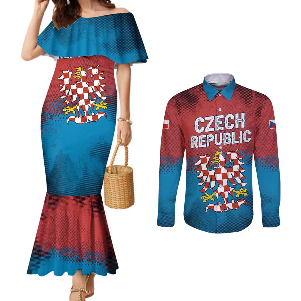 Czech Republic Couples Matching Mermaid Dress and Long Sleeve Button Shirt with Blue Red Gradient Design and National Coat of Arms - Wonder Print Shop