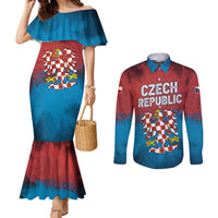 Czech Republic Couples Matching Mermaid Dress and Long Sleeve Button Shirt with Blue Red Gradient Design and National Coat of Arms - Wonder Print Shop