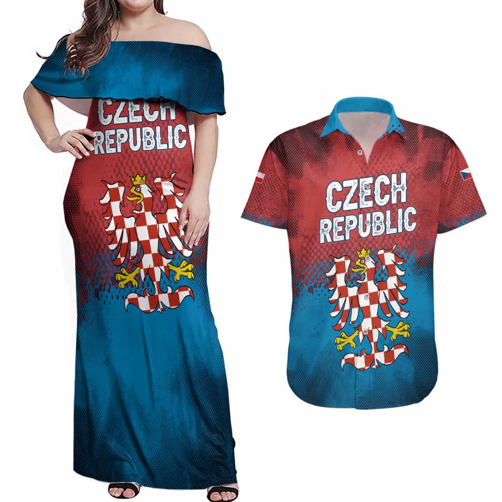 Czech Republic Couples Matching Off Shoulder Maxi Dress and Hawaiian Shirt with Blue Red Gradient Design and National Coat of Arms - Wonder Print Shop