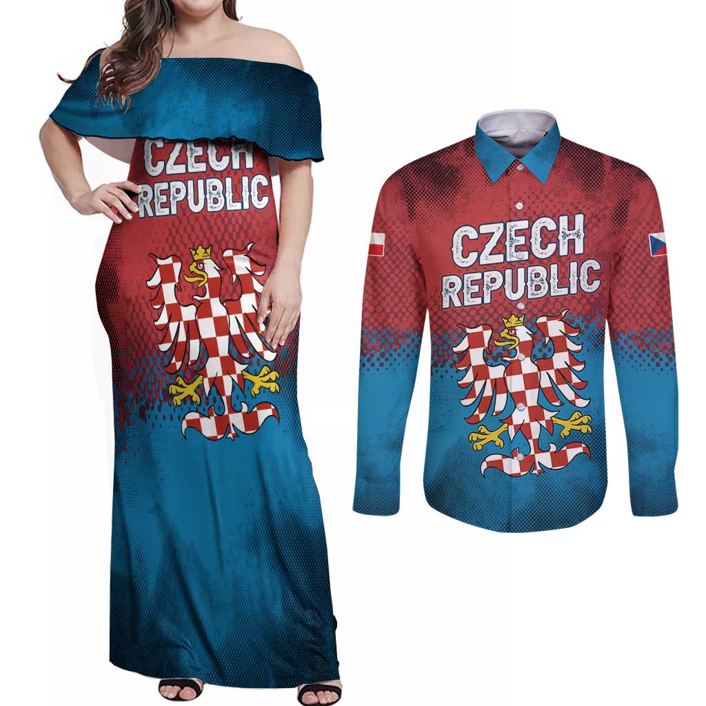 Czech Republic Couples Matching Off Shoulder Maxi Dress and Long Sleeve Button Shirt with Blue Red Gradient Design and National Coat of Arms - Wonder Print Shop