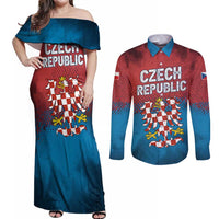 Czech Republic Couples Matching Off Shoulder Maxi Dress and Long Sleeve Button Shirt with Blue Red Gradient Design and National Coat of Arms - Wonder Print Shop