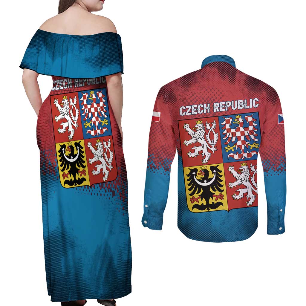Czech Republic Couples Matching Off Shoulder Maxi Dress and Long Sleeve Button Shirt with Blue Red Gradient Design and National Coat of Arms - Wonder Print Shop