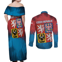 Czech Republic Couples Matching Off Shoulder Maxi Dress and Long Sleeve Button Shirt with Blue Red Gradient Design and National Coat of Arms - Wonder Print Shop