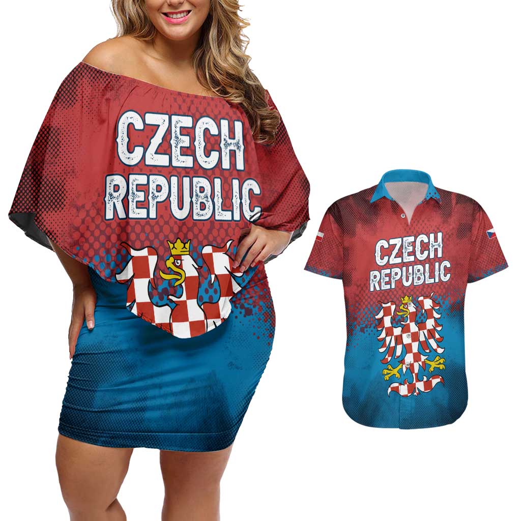 Czech Republic Couples Matching Off Shoulder Short Dress and Hawaiian Shirt with Blue Red Gradient Design and National Coat of Arms - Wonder Print Shop