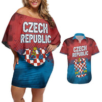 Czech Republic Couples Matching Off Shoulder Short Dress and Hawaiian Shirt with Blue Red Gradient Design and National Coat of Arms - Wonder Print Shop