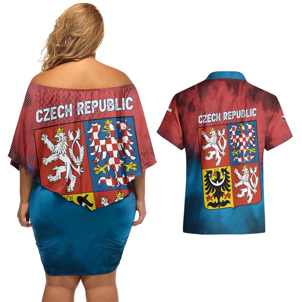 Czech Republic Couples Matching Off Shoulder Short Dress and Hawaiian Shirt with Blue Red Gradient Design and National Coat of Arms - Wonder Print Shop