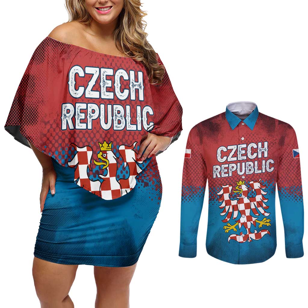 Czech Republic Couples Matching Off Shoulder Short Dress and Long Sleeve Button Shirt with Blue Red Gradient Design and National Coat of Arms - Wonder Print Shop