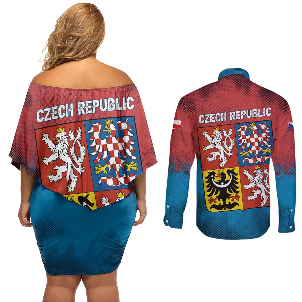 Czech Republic Couples Matching Off Shoulder Short Dress and Long Sleeve Button Shirt with Blue Red Gradient Design and National Coat of Arms - Wonder Print Shop
