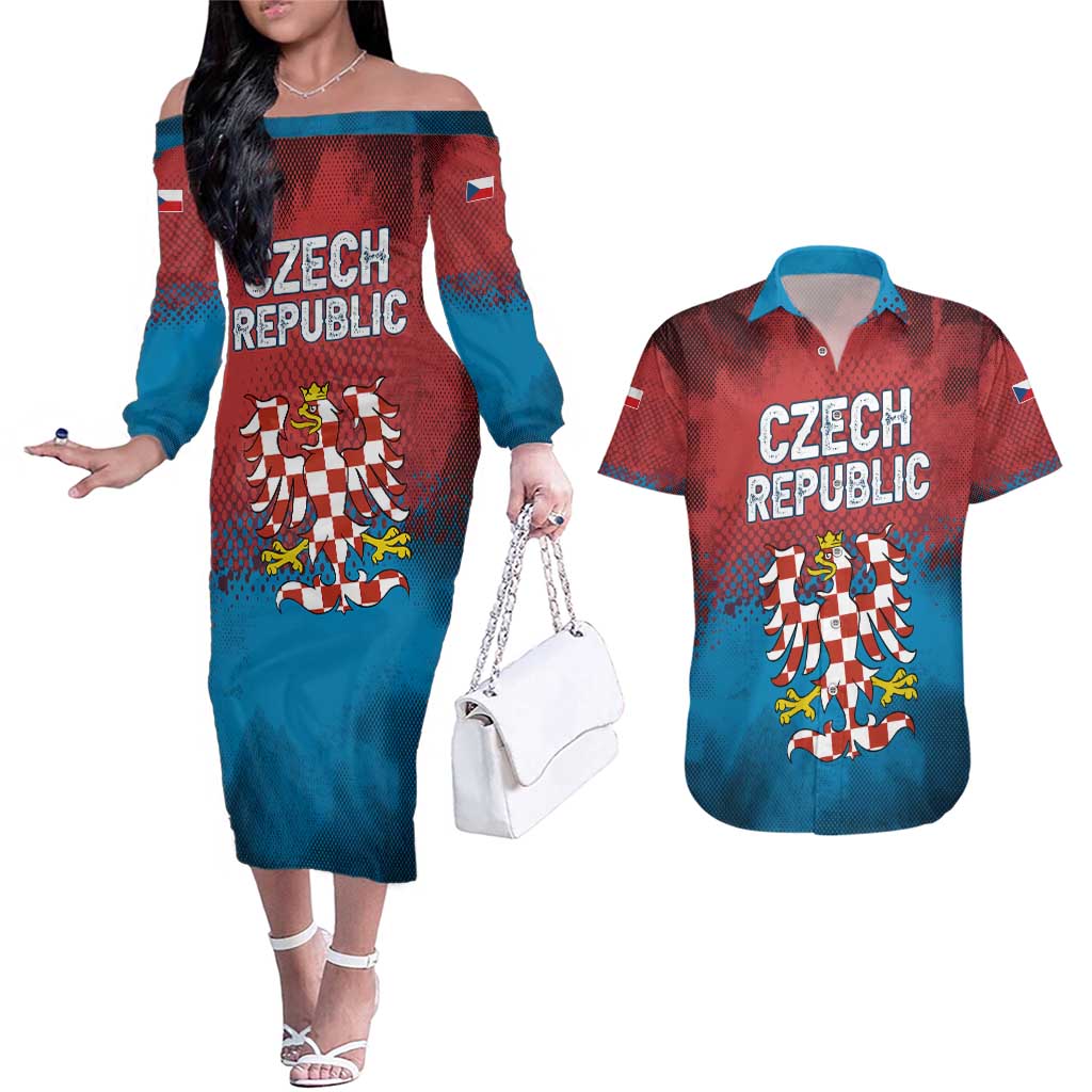 Czech Republic Couples Matching Off The Shoulder Long Sleeve Dress and Hawaiian Shirt with Blue Red Gradient Design and National Coat of Arms - Wonder Print Shop