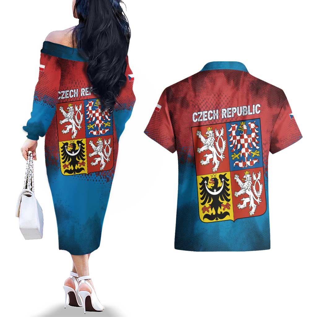 Czech Republic Couples Matching Off The Shoulder Long Sleeve Dress and Hawaiian Shirt with Blue Red Gradient Design and National Coat of Arms - Wonder Print Shop