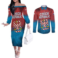 Czech Republic Couples Matching Off The Shoulder Long Sleeve Dress and Long Sleeve Button Shirt with Blue Red Gradient Design and National Coat of Arms - Wonder Print Shop