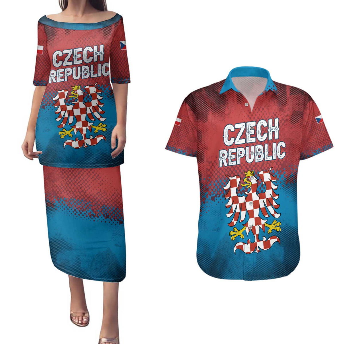 Czech Republic Couples Matching Puletasi and Hawaiian Shirt with Blue Red Gradient Design and National Coat of Arms - Wonder Print Shop