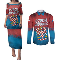 Czech Republic Couples Matching Puletasi and Long Sleeve Button Shirt with Blue Red Gradient Design and National Coat of Arms - Wonder Print Shop