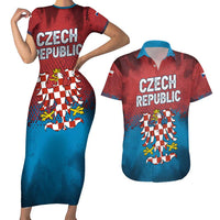 Czech Republic Couples Matching Short Sleeve Bodycon Dress and Hawaiian Shirt with Blue Red Gradient Design and National Coat of Arms - Wonder Print Shop