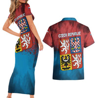 Czech Republic Couples Matching Short Sleeve Bodycon Dress and Hawaiian Shirt with Blue Red Gradient Design and National Coat of Arms - Wonder Print Shop