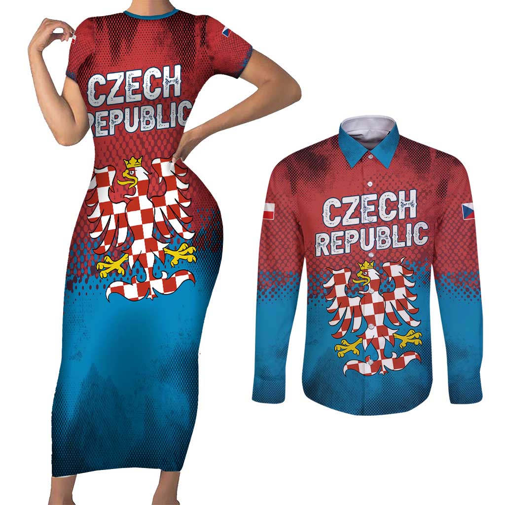 Czech Republic Couples Matching Short Sleeve Bodycon Dress and Long Sleeve Button Shirt with Blue Red Gradient Design and National Coat of Arms - Wonder Print Shop
