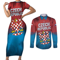 Czech Republic Couples Matching Short Sleeve Bodycon Dress and Long Sleeve Button Shirt with Blue Red Gradient Design and National Coat of Arms - Wonder Print Shop