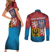 Czech Republic Couples Matching Short Sleeve Bodycon Dress and Long Sleeve Button Shirt with Blue Red Gradient Design and National Coat of Arms - Wonder Print Shop