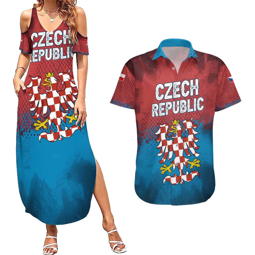 Czech Republic Couples Matching Summer Maxi Dress and Hawaiian Shirt with Blue Red Gradient Design and National Coat of Arms - Wonder Print Shop