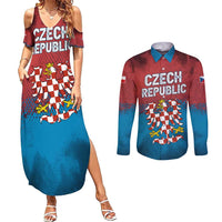 Czech Republic Couples Matching Summer Maxi Dress and Long Sleeve Button Shirt with Blue Red Gradient Design and National Coat of Arms - Wonder Print Shop
