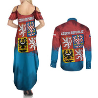 Czech Republic Couples Matching Summer Maxi Dress and Long Sleeve Button Shirt with Blue Red Gradient Design and National Coat of Arms - Wonder Print Shop